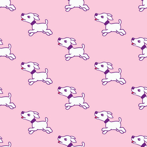 与可爱的小狗贴上粉红色背景孤立的无缝模式。矢量图