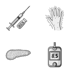 注射器与胰岛素 胰腺 血糖仪 手糖尿病。糖尿病在单色风格矢量符号股票图 web 设置集合图标