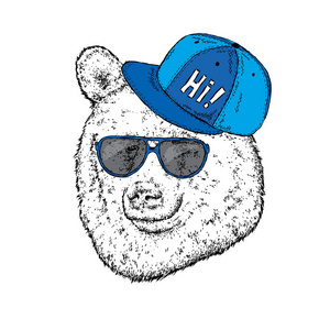 戴眼镜和帽子的滑稽熊.矢量插图为明信片或海报, 打印的衣服.时髦.