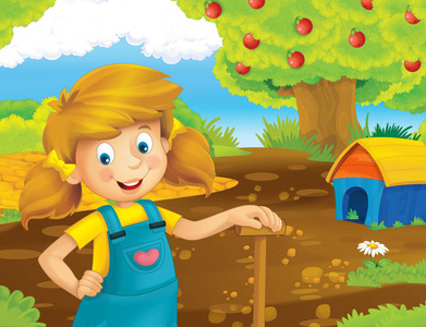 卡通场面与愉快的女孩工作在农场站立和微笑或例证为孩子