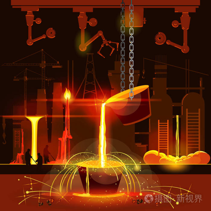 钢铁工业, 铁和钢厂的车间.烧热的钢