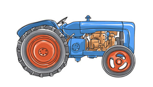 蓝色的拖拉机复古手绘矢量艺术插画