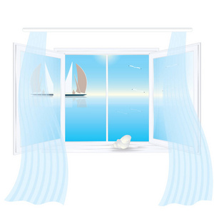 打开的窗口之外的海洋景观反思在窗口窗台壳分离设计白色背景艺术创意矢量元素上的玻璃窗帘