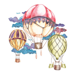 热气球和飞艇，水彩插图组成。设计的邀请 电影海报 织物和其他对象元素