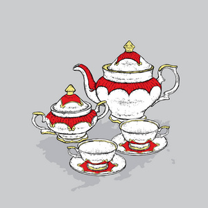 美丽的老式瓷器集.一个杯子, 一个水壶和一个糖碗.