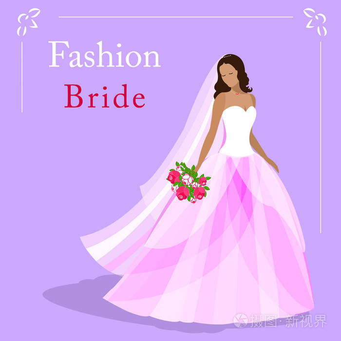 矢量图的一种时尚的婚纱礼服和抱着一束美丽的新娘eps10