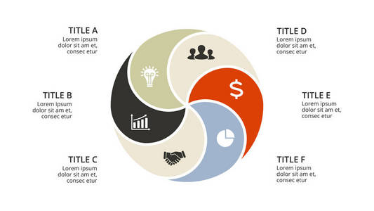 矢量圆圈箭头图 循环图 几何图 演示文稿图表。经营理念与 6 选项 配件 步骤 流程。16 x 9 幻灯片模板