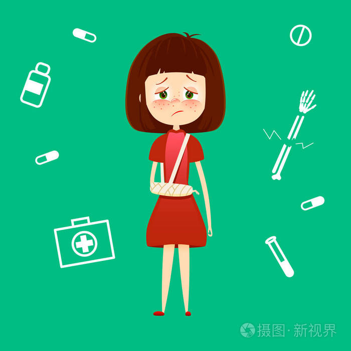 悲伤的年轻女孩,用受伤的手骨矢量图.卫生保健医学概念