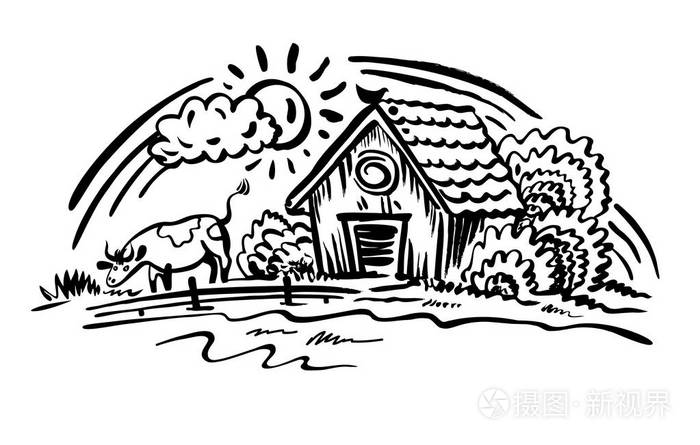 手绘矢量图形插画.农村现场