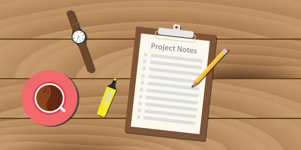 项目说明例证与剪贴板和纸工作文档文本与手表铅笔和杯咖啡桌上