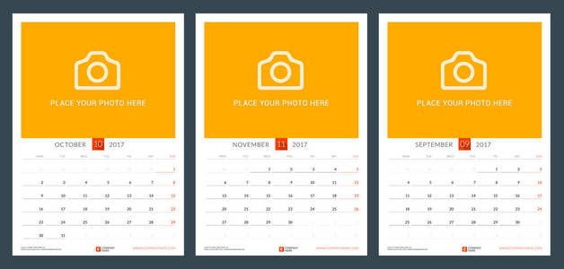 秋季 2017年的日历计划模板。9 月 10 月 11 月。设计打印矢量模板