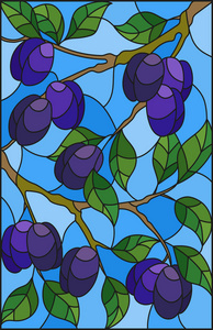 插画风格彩色玻璃窗口的李子树，树枝，树枝树叶和水果在天空的映衬