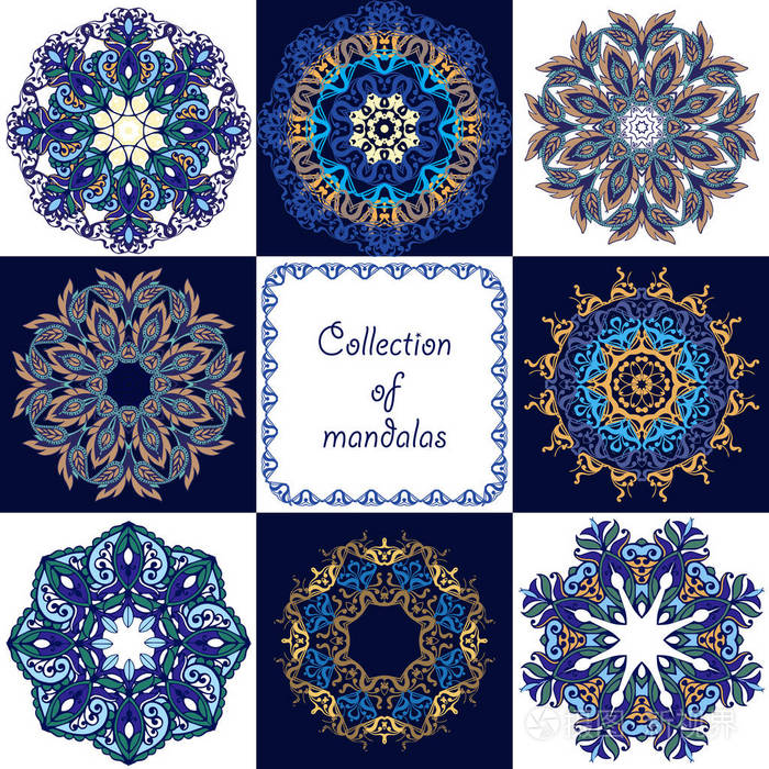 集民族曼荼罗的蓝色和金色老式的装饰元素伊斯兰教阿拉伯语印度奥斯曼