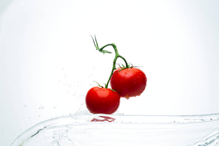 红番茄上滴上白色的酒泉水的一个分支