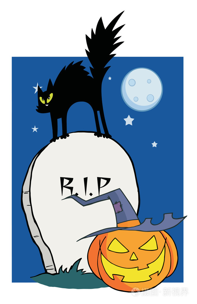 恐怖的猫在墓碑上看到一只杰克兰登