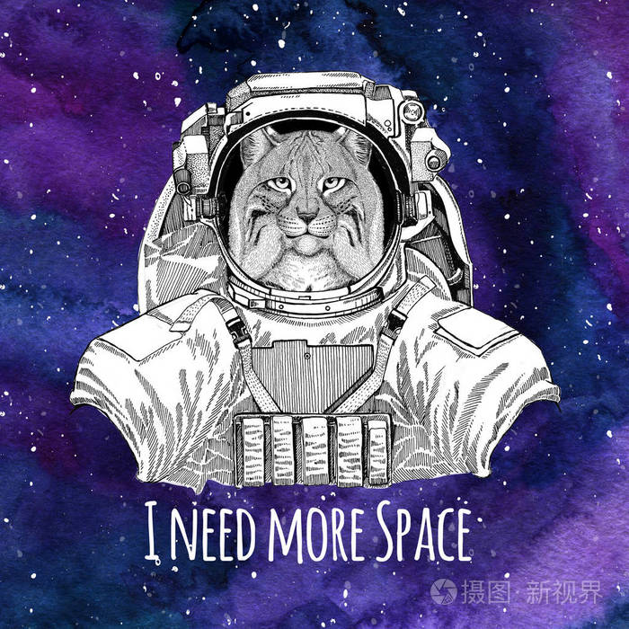 动物的宇航员野生猫猞猁山猫小跑穿着太空服银河空间背景恒星和星云水彩银河背景照片 正版商用图片0211yi 摄图新视界