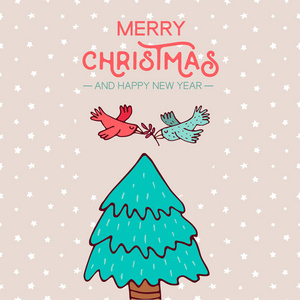 圣诞节和新年鸟上松树树卡通