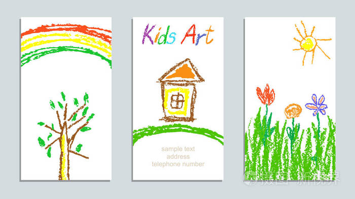 与手绘花 房子 太阳 树 彩虹上白色蜡蜡笔孩子绘制多彩卡的设置