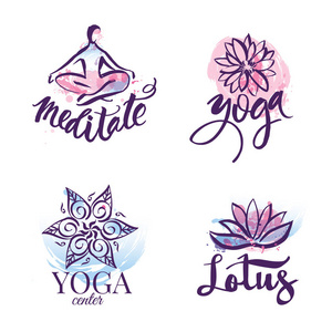 一整套瑜伽工作室和冥想类 logo 图标和设计元素。卫生保健 体育和健身设计元素