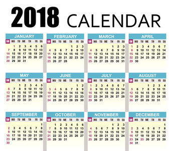 2018 年日历。模板