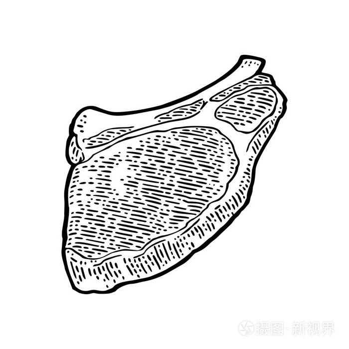 牛肉扒骨顶视图.老式的黑色矢量雕刻插画.我