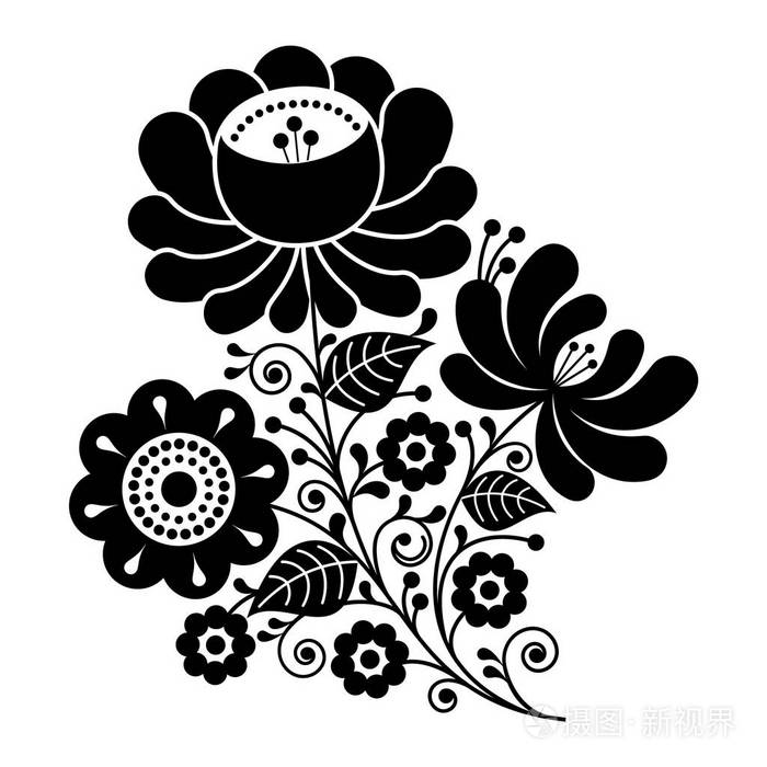 俄罗斯设计,民间艺术黑色和白色的花朵图案