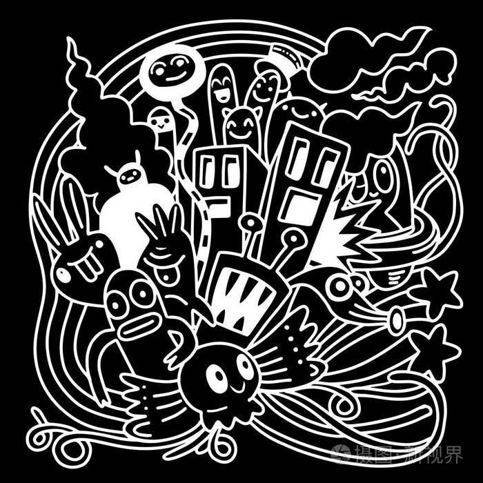 涂鸦矢量怪物党设置.万圣节的字符.可爱的阿尼姆