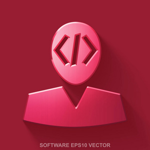 平金属软件 3d 图标。红色光泽的金属程序员在红色的背景上。10，Eps 矢量