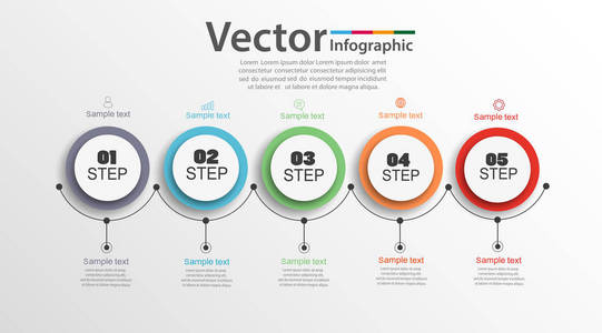 五个步骤图表用彩色圆圈。可以用于工作流布局 图 业务步骤选项 横幅 网页设计。矢量 Eps 10
