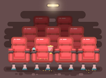 矢量图卡通内部的电影院大厅观看电影或电影,爆米花,饮料在平面样式的