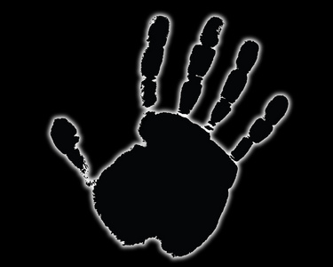 手掌印在黑色背景上，带有光环。