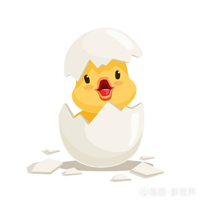 破的蛋外壳,可爱的表情符号字符矢量插图滑稽黄新生鸡