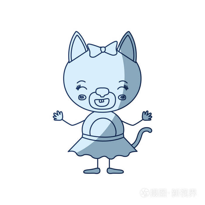 蓝色底纹剪影漫画的可爱的母猫 在裙子镶上弓花边带幸福的表情和微笑插画 正版商用图片021ym2 摄图新视界