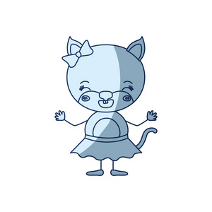 蓝色底纹剪影漫画的可爱女性小猫在裙带蝴蝶结花边与幸福表达和紧闭的双眼
