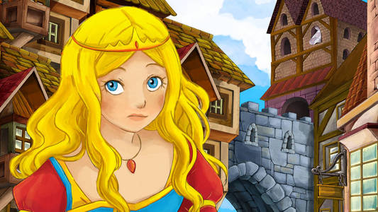 在庭院里美丽的公主或巫婆的卡通场面城堡在背景例证为孩子