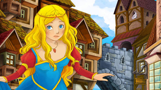 在庭院里美丽的公主或巫婆的卡通场面城堡在背景例证为孩子