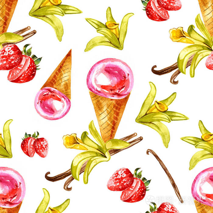 香草和草莓冰淇淋的水彩插图无缝模式