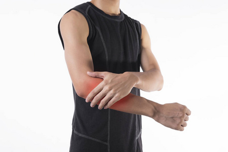 年轻男子在白色背景上的手臂和肘关节关节疼痛照片