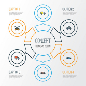 汽车多彩大纲图标设置。阀盖 敞蓬车 卡车和其他元素的集合。此外包括体育 车库 汽车符号