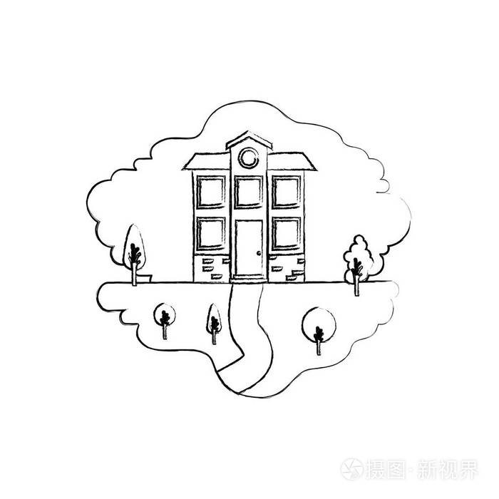 单色模糊剪影场景的自然景观和门面房子的两层阁楼,插画-正版商用图片