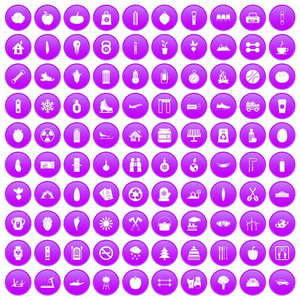 100 健康的生活方式图标设置紫色