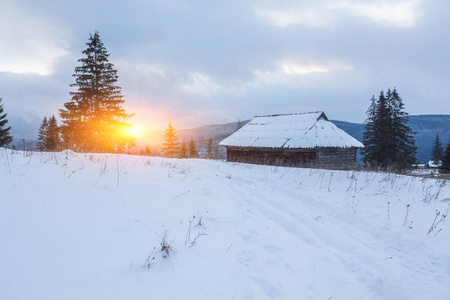 完美的冬季风光雪与木材回家图片