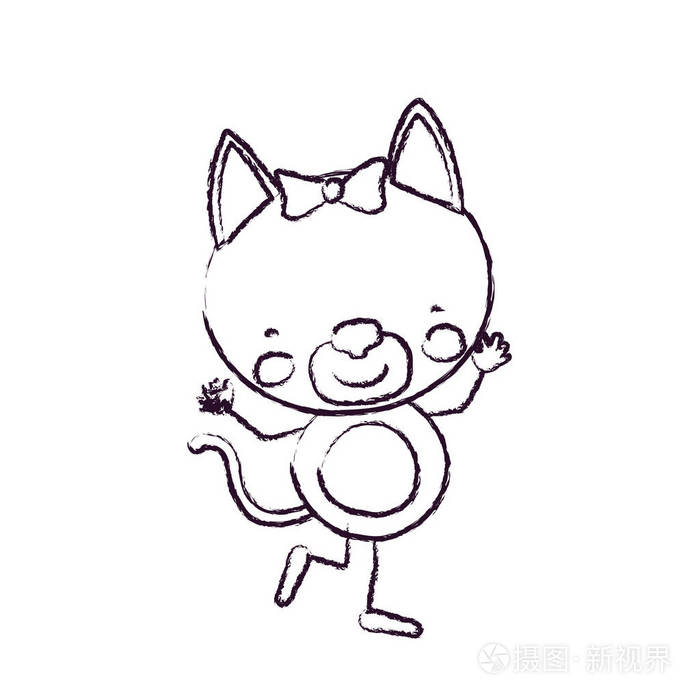 模糊的草绘轮廓漫画的可爱的表情母猫在舞蹈姿势与弓花边