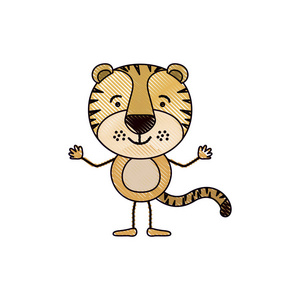彩色蜡笔剪影漫画的可爱老虎幸福表达