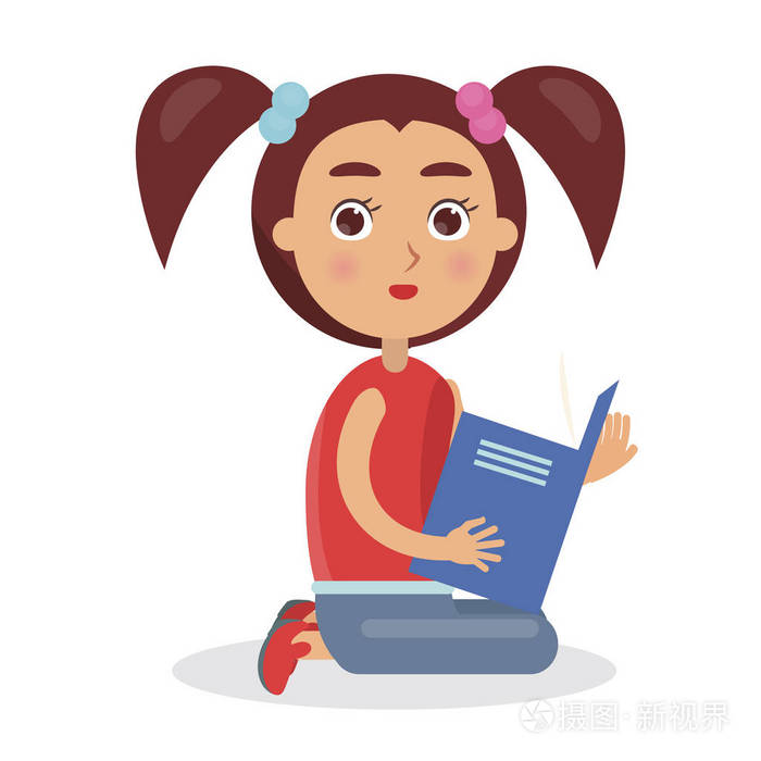 可爱的小女孩看,拿着蓝色的教科书