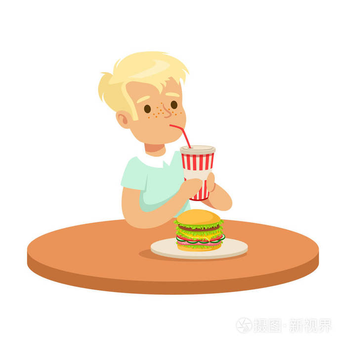 可爱的男孩,喝一杯苏打水通过一根稻草,吃汉堡,丰富多彩的人物矢量图