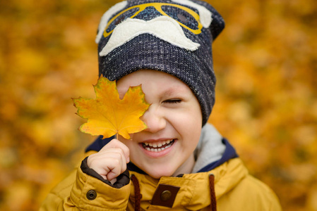 可爱的小小孩男孩在秋季的一天照片