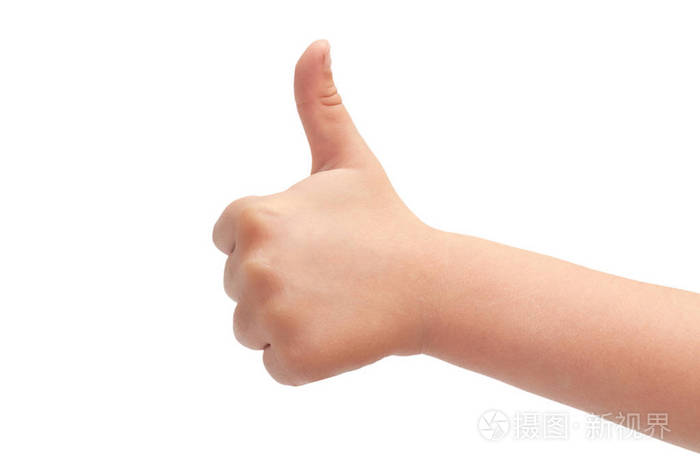 照片 竖起大拇指的孩子手势之手.白色背景上孤立.jpg