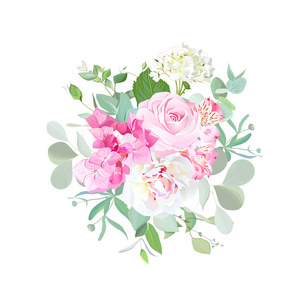 玫瑰 牡丹 绣球花 六出莉莉和 eucalyp 的花束