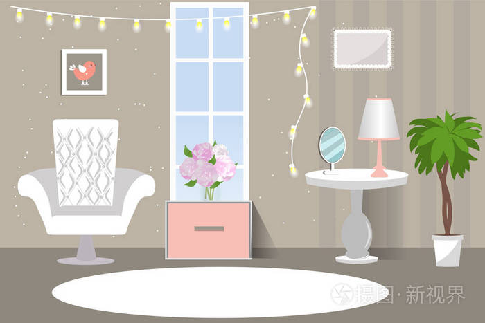 在粉红色的灰色颜色的舒适房间.卡通.矢量图.平面设计